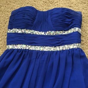 Blue floor length formal dress with sparkle detail